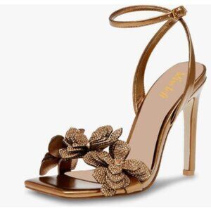 miss left Gold Rhinestones Stiletto Heel Sandals with Strap Buckle Flower Shoes